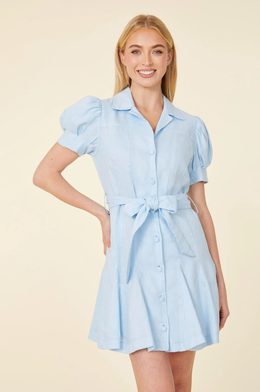 DolceCabo Light Blue Linen Belted Dress