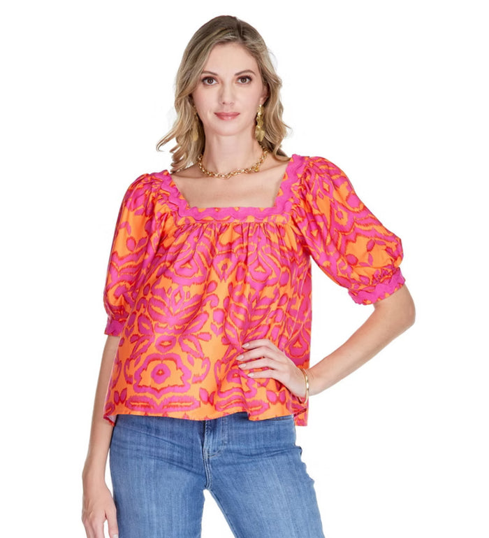 Pink/Orange Square Neck Flowy Top