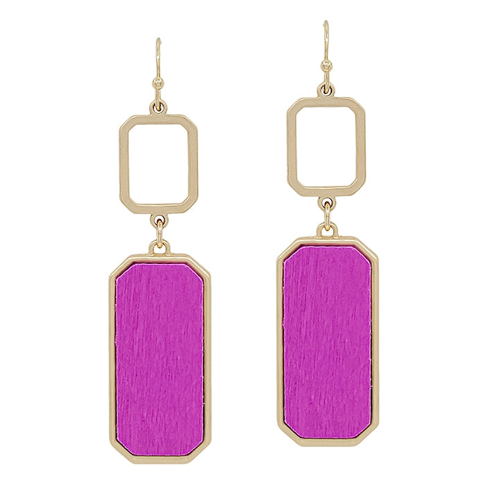 Pink Wood Rectangle Earrings