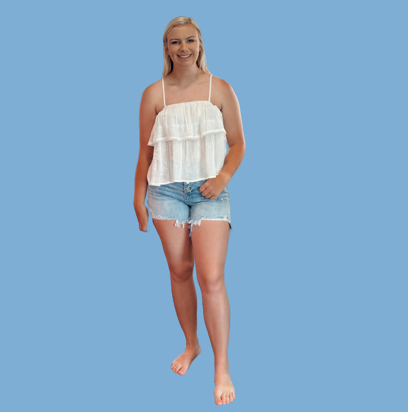 String W/Pearl Trim Ruffle Top