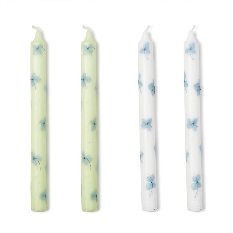 Set of 2 Hand Crafted Taper Candles With Hydrangea Petals