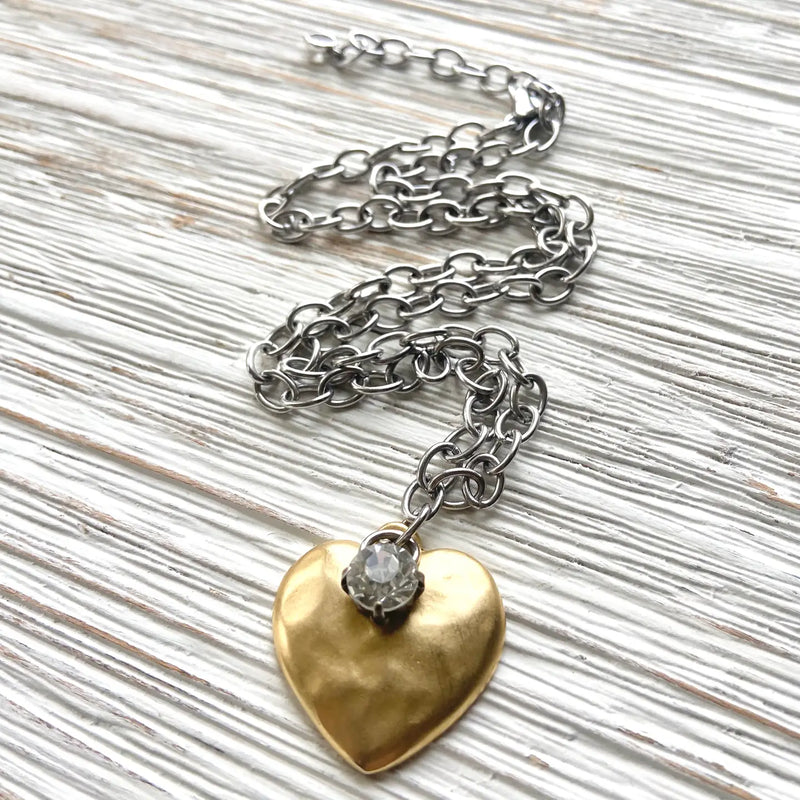 Mixed Metal Hammered Heart Necklace