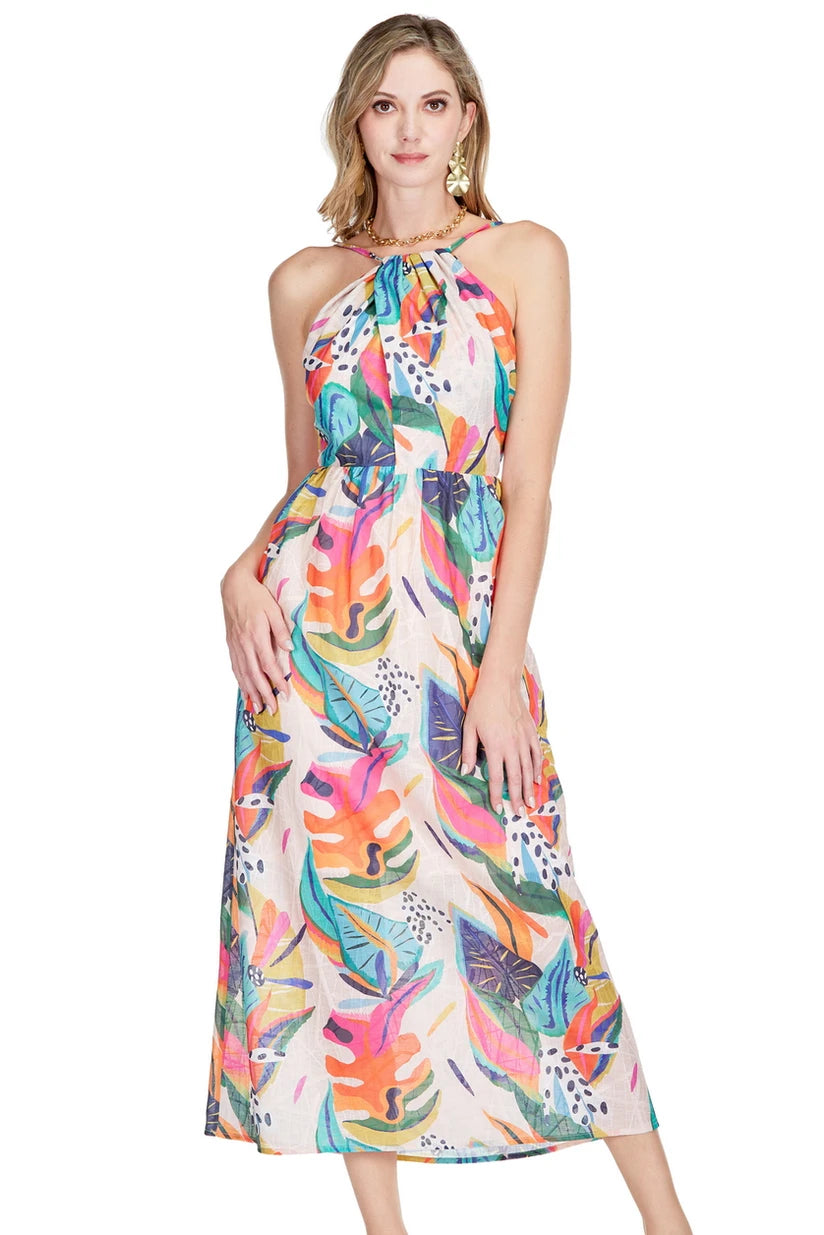 Tropical Foilage Front Cross Halter Maxi Dress