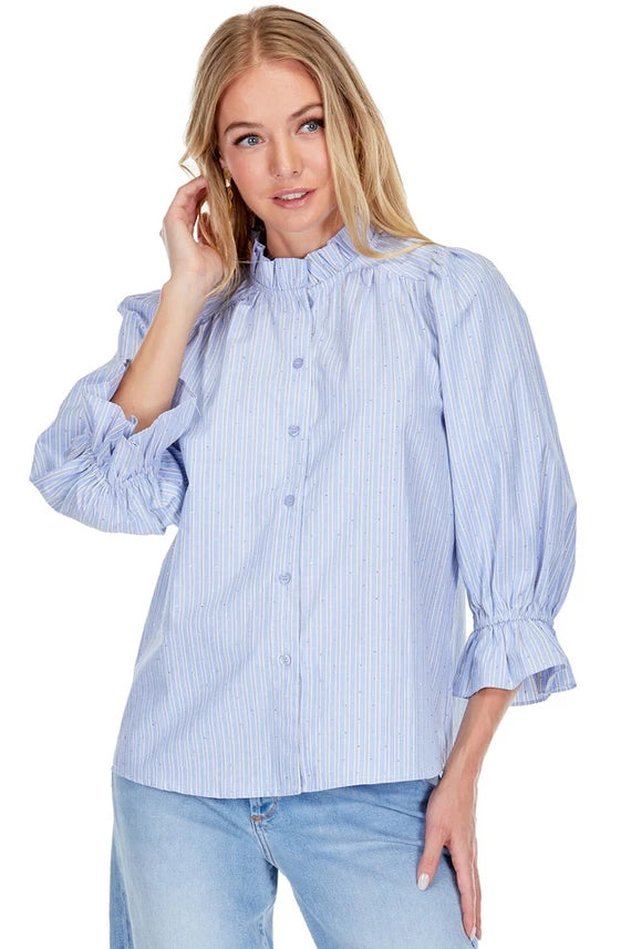 Blue Stripe Ruffle Neck Blouse