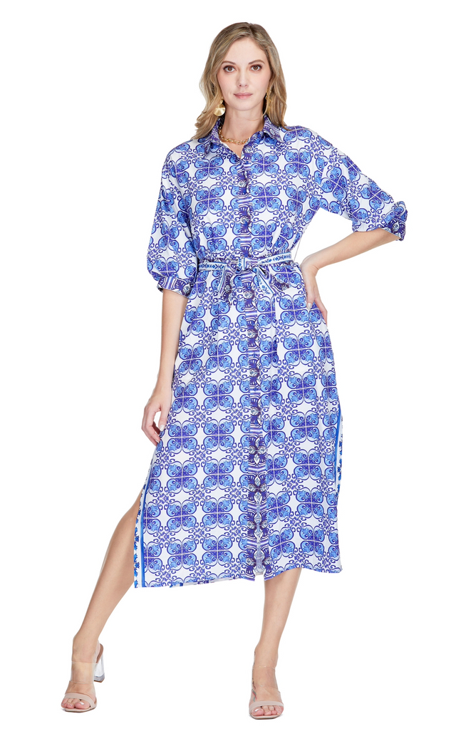 Blue Damask Maxi Shirt Dress