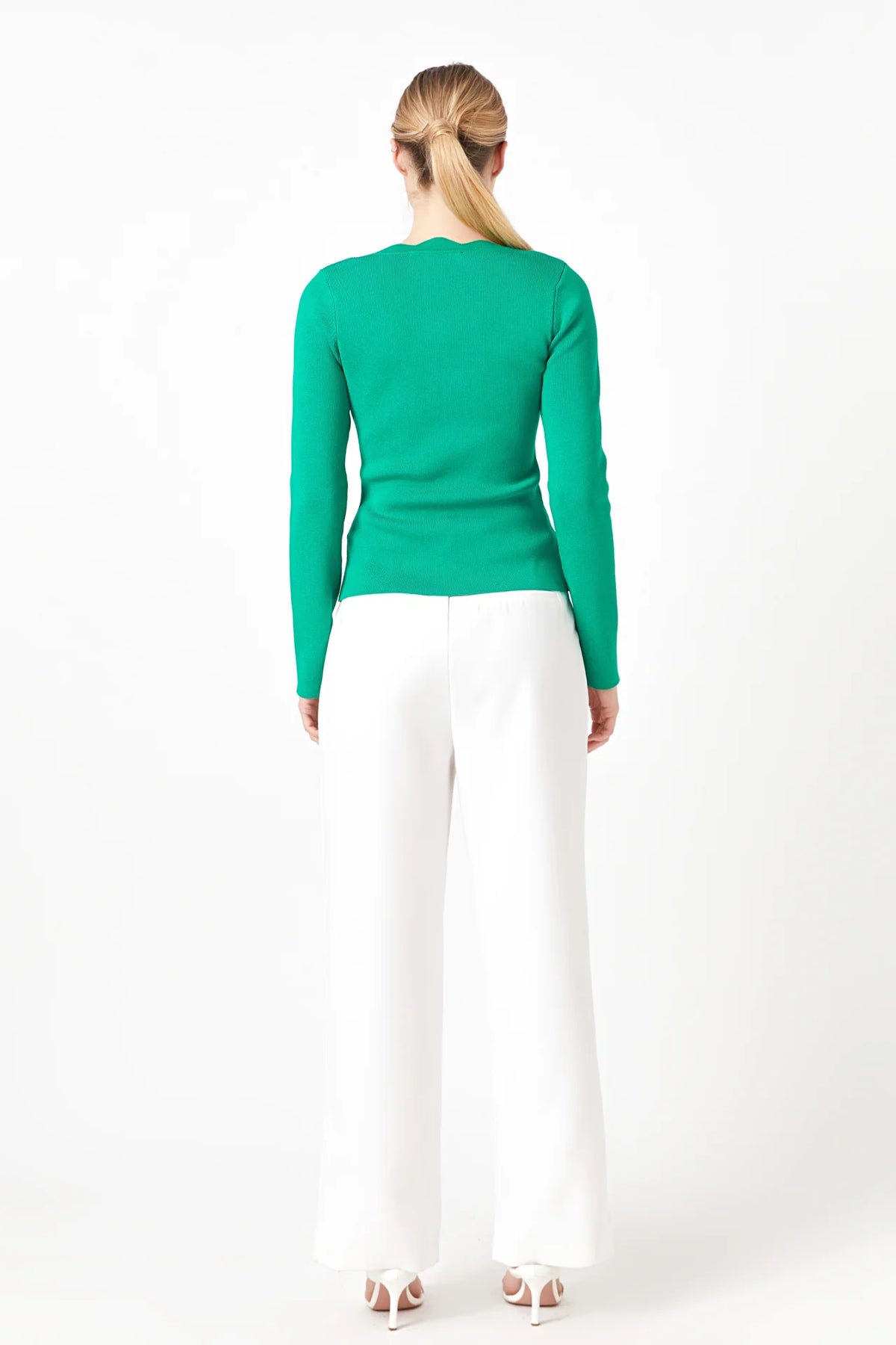 Long Sleeve Green Scallop Detailed Sweater