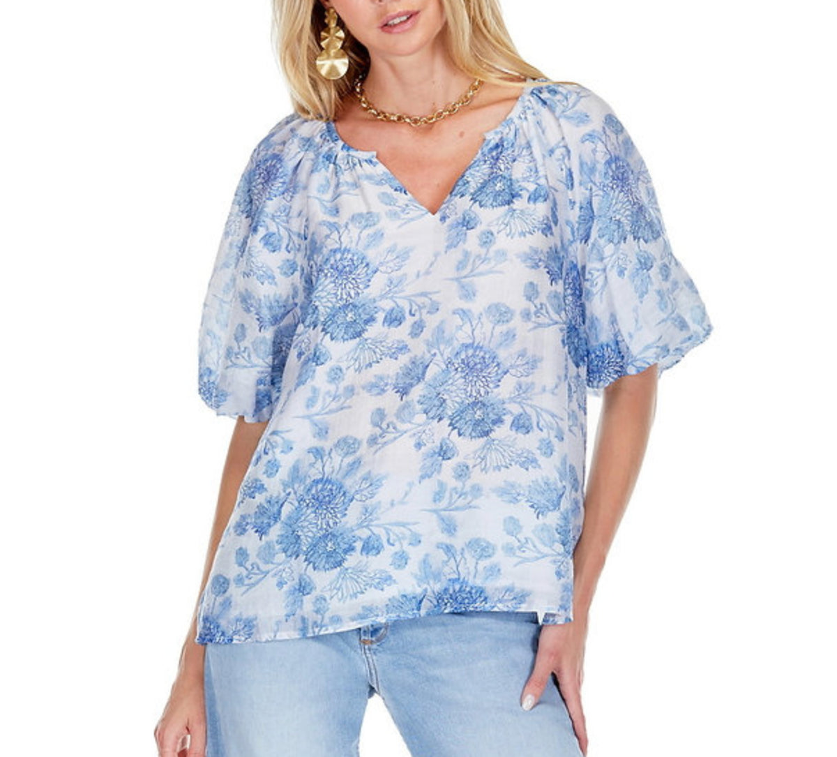 Porcelain Puff Sleeve Peasant Top