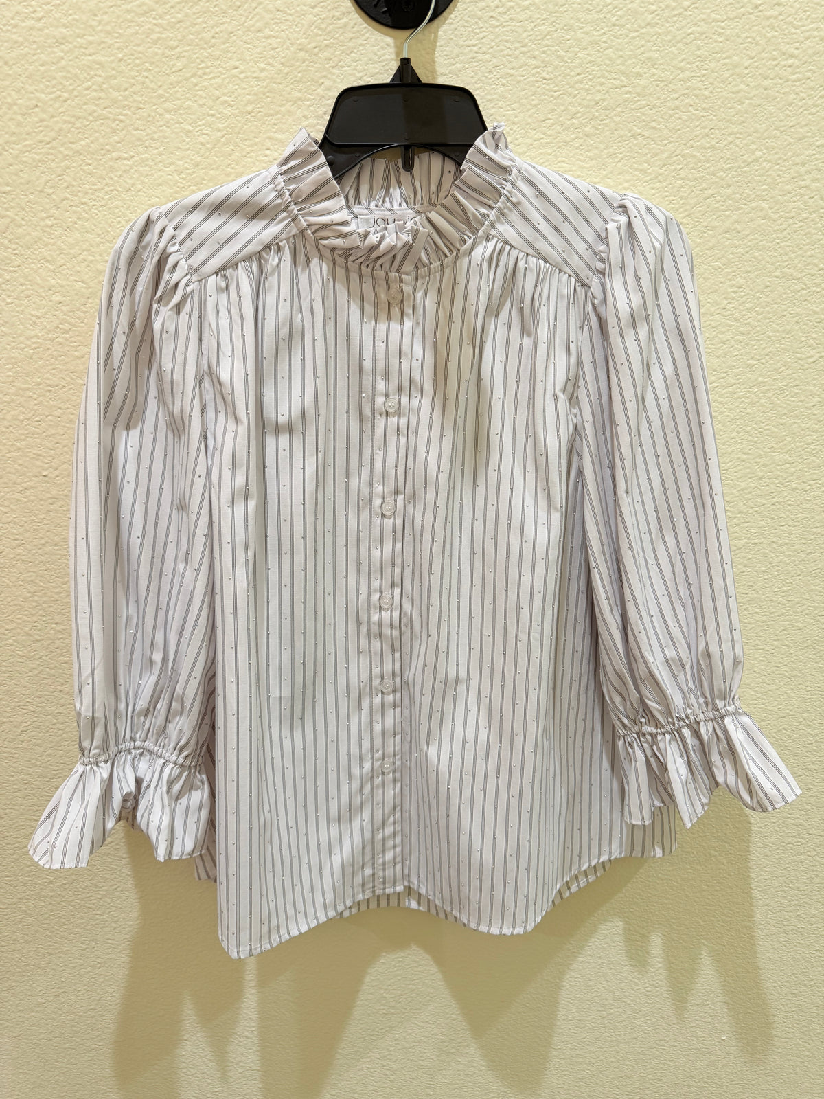 White Stripe Ruffle Neck Blouse