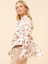 Western Print Satin Button Up Bell Sleeve Blouse
