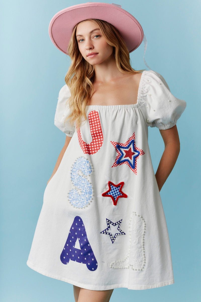 USA Puff Sleeve Denim Mini Dress