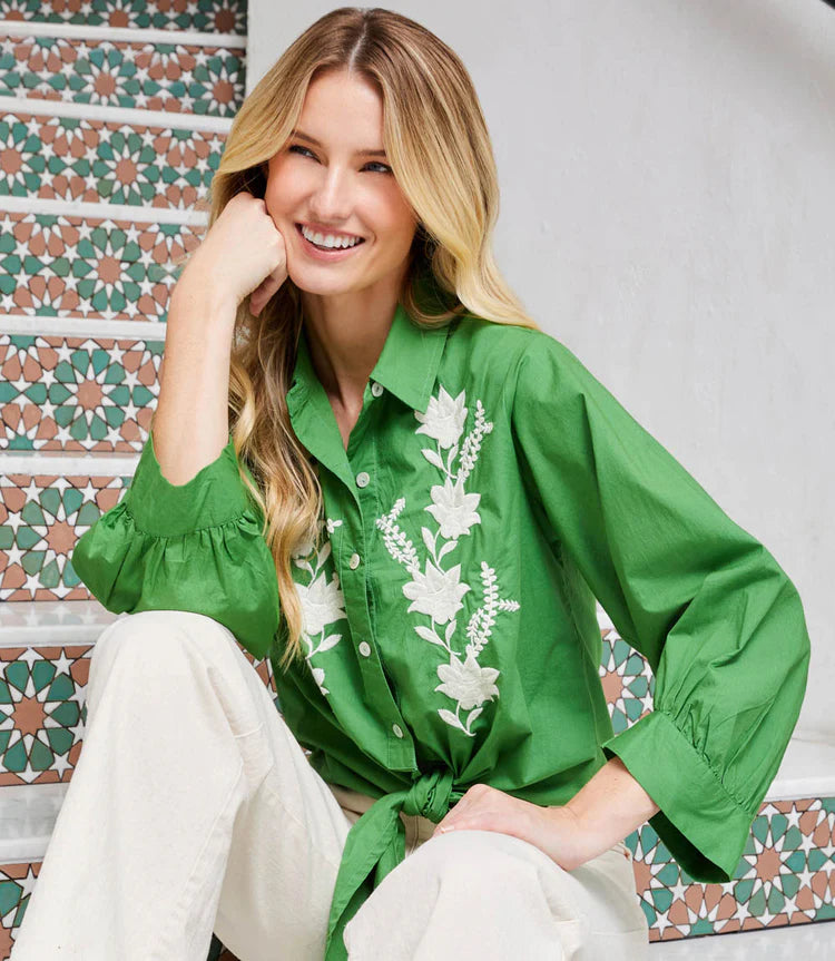 Karen Kane Blouson Sleeve Embroidered Tie-Front Top