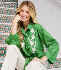 Karen Kane Blouson Sleeve Embroidered Tie-Front Top