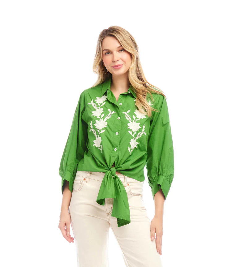 Karen Kane Blouson Sleeve Embroidered Tie-Front Top