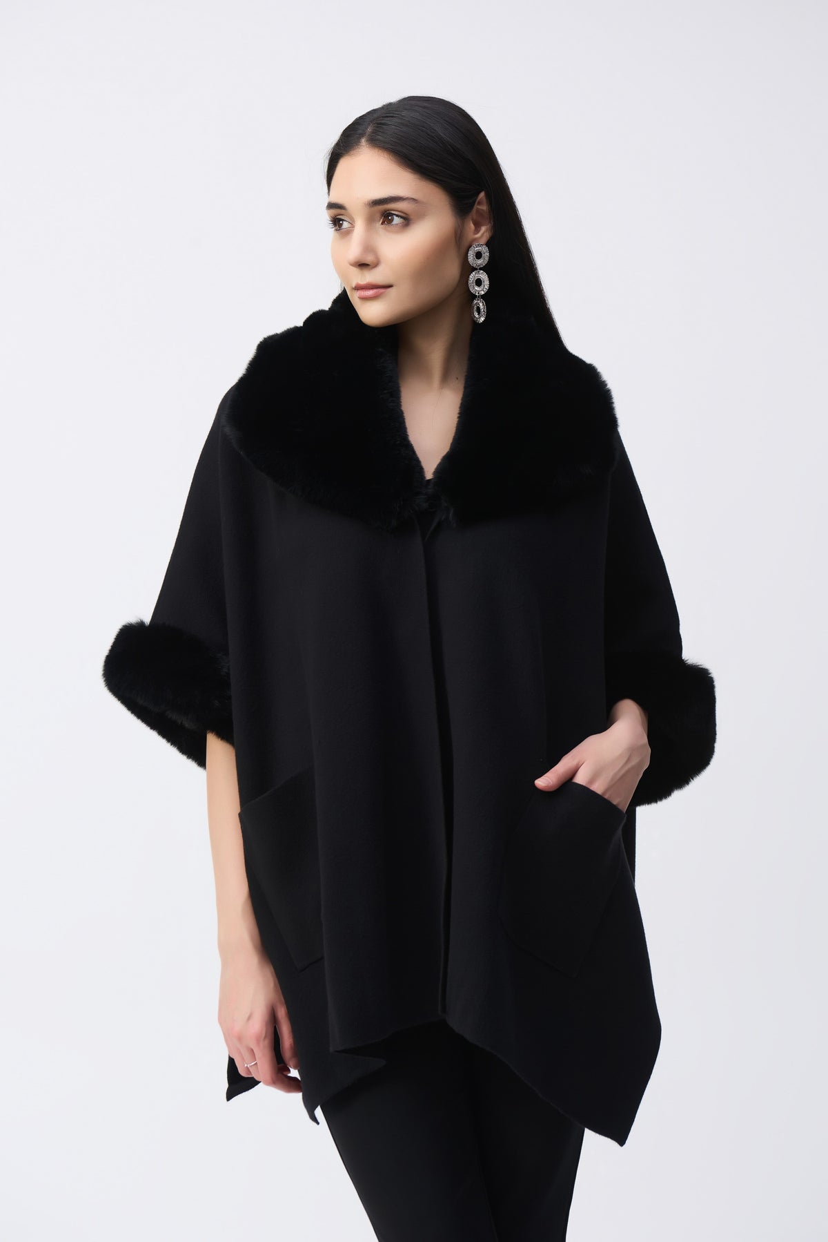 Joseph Ribkoff Brushed Jacquard and Faux Fur Cape