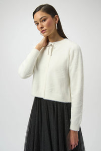 Joseph Ribkoff Feather Yarn Cardigan with Rhinestone Bow