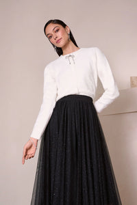 Joseph Ribkoff Feather Yarn Cardigan with Rhinestone Bow