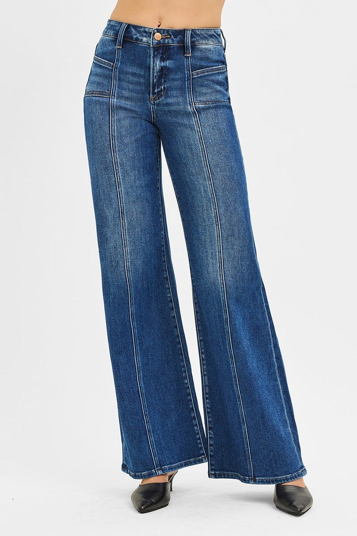 Risen Mid Rise Wide Jeans w/ Front Patch Pocket
