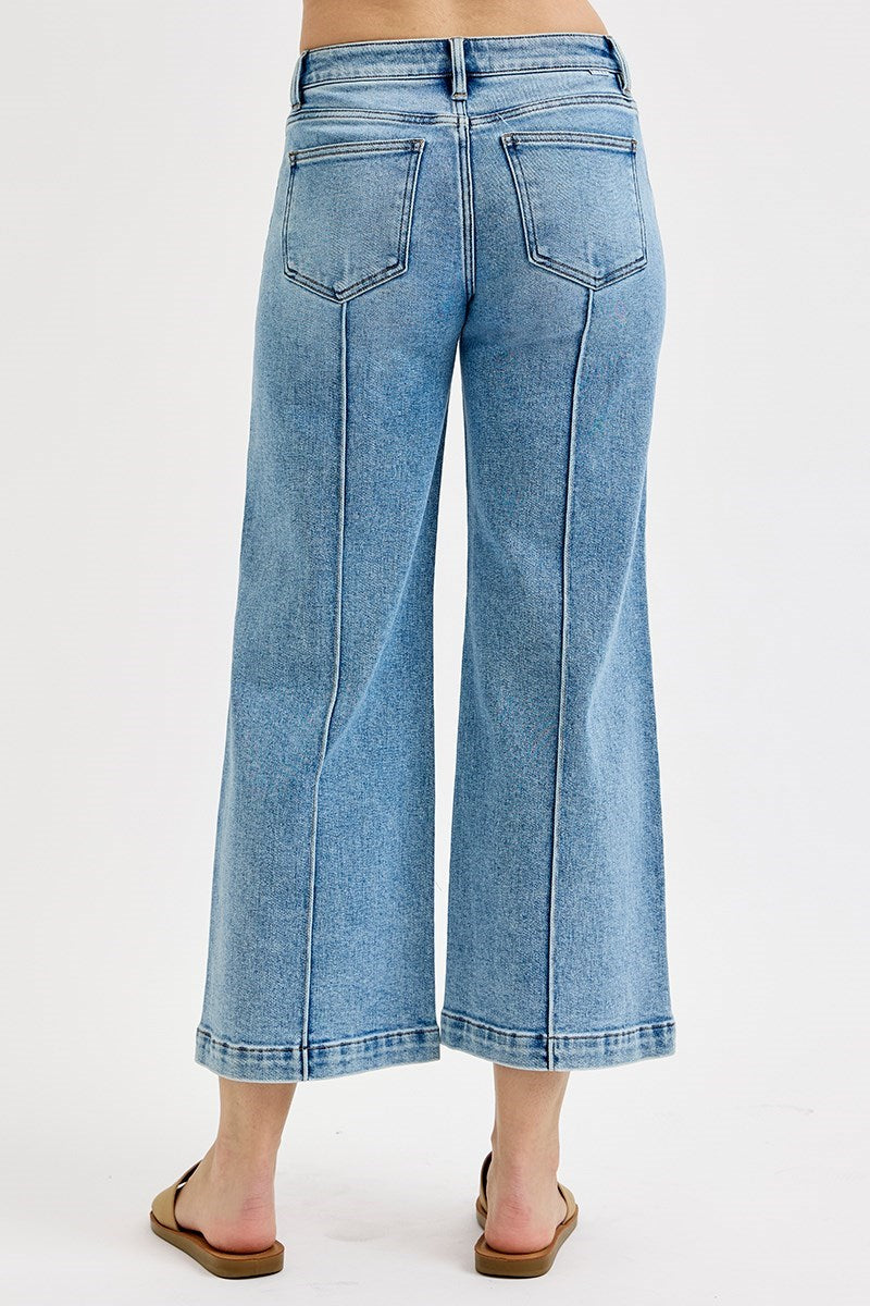 Risen Mid Rise Crop Wide Front & Back Pintuck Detailed Jeans