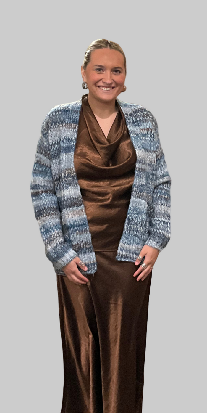 Oversized MottledStriped Long CardiganWith Pockets- Blue