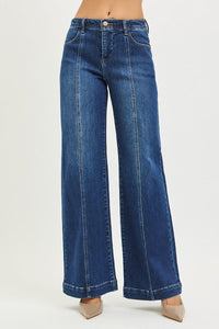 Risen Mid Rise Wide Leg Jeans with Front Seam Detail
