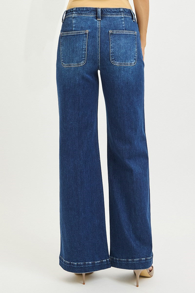 Risen Mid Rise Wide Leg Jeans with Front Seam Detail