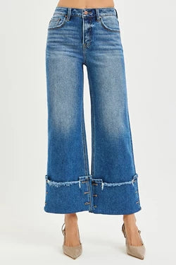 Risen High Rise Cropped Wide Leg Jeans With Cuff Button Detail