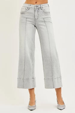 Risen Tummy Control Mid Rise Crop Wide Pintuck Front Jeans