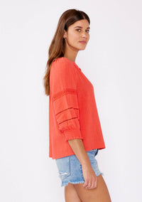 Smocked 3/4 Sleeve Lace Trim Blouse