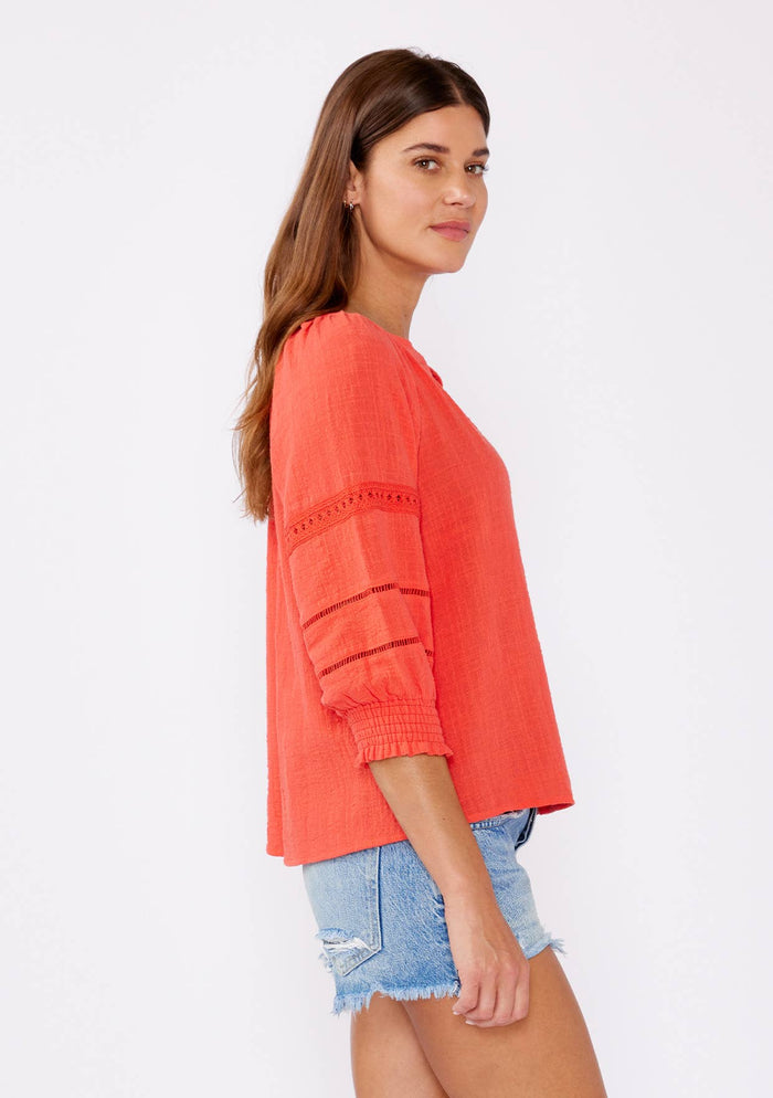 Smocked 3/4 Sleeve Lace Trim Blouse