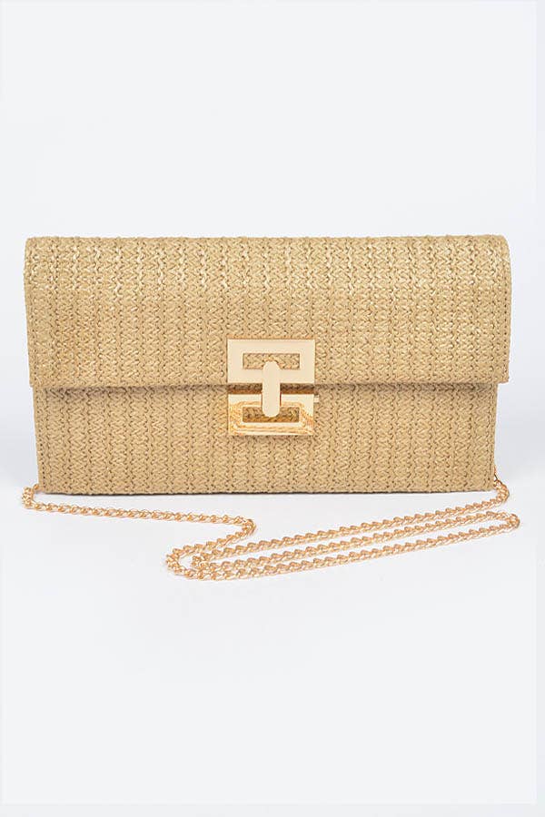 Faux Straw Metal Flap Clutch