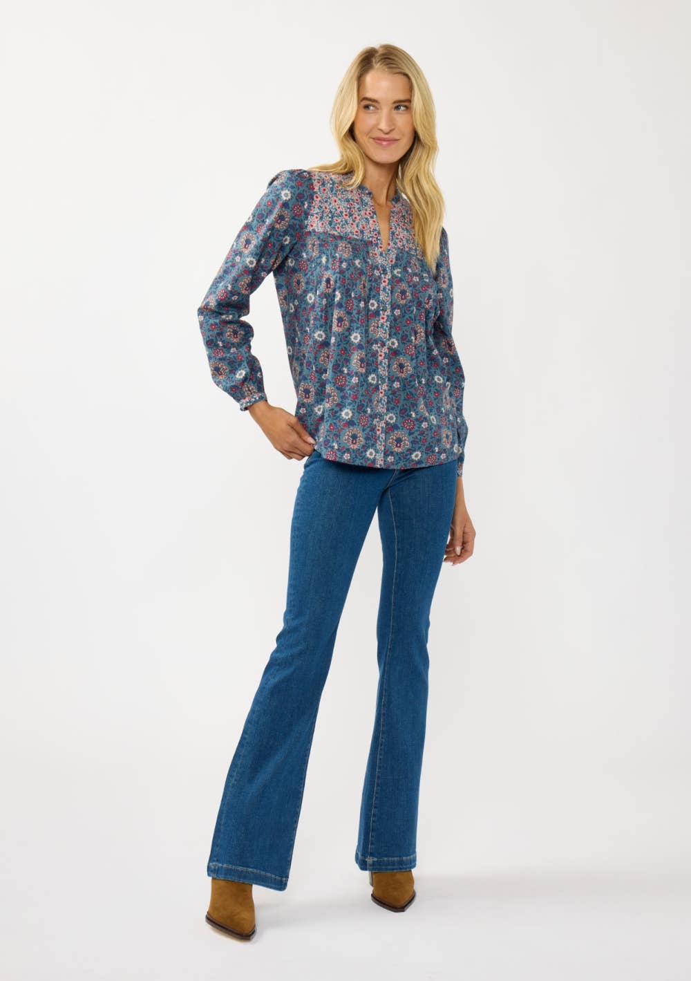 Long Sleeve Floral Blouse with Pleats & Quilted Yoke