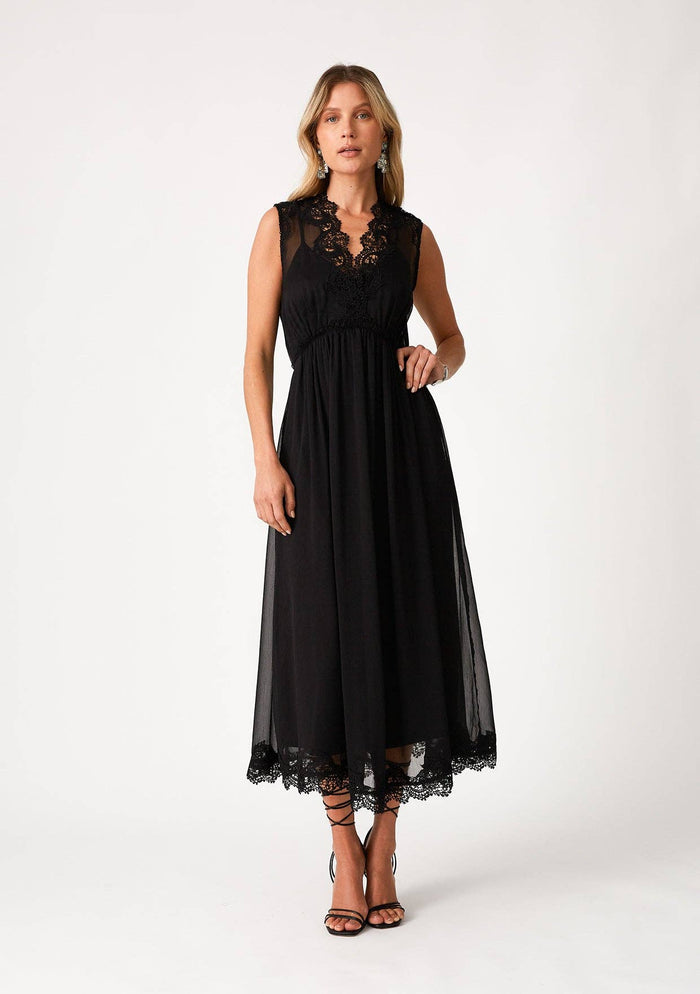 Sleeveless V Neck Lace Trim Midi Dress