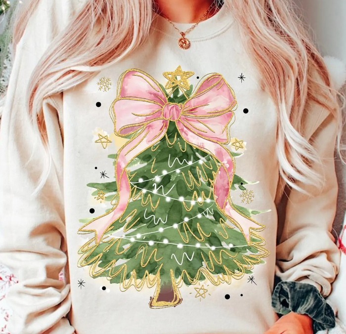 Christmas Tree With Pink Bow Crew Sweatshirt