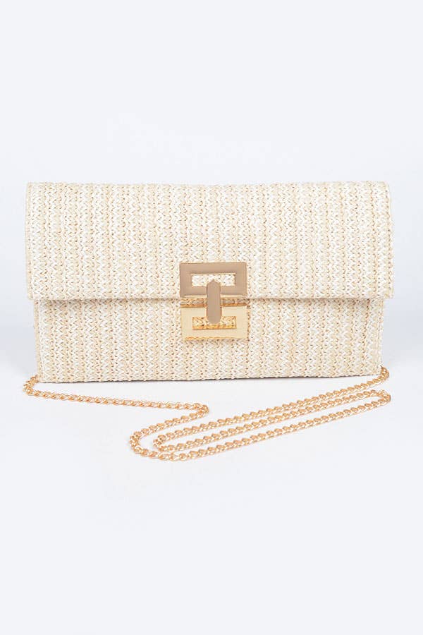 Faux Straw Metal Flap Clutch