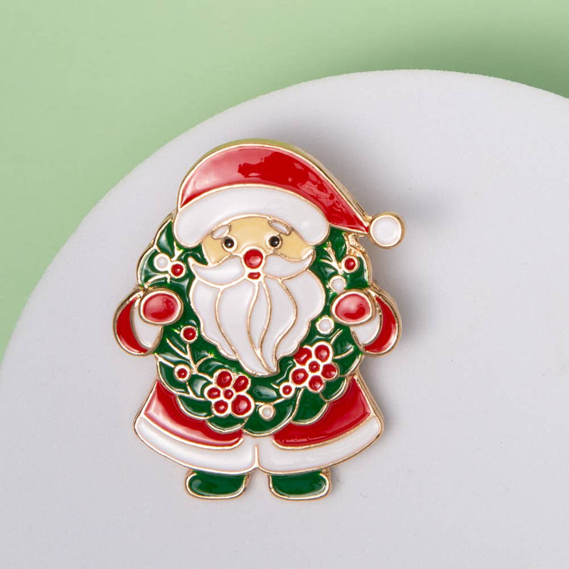 Holiday Santa Claus with Wreath Enamel Casted Brooch Pin