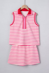 Striped Quarter-Zip Sleeveless Top & Skirt Set