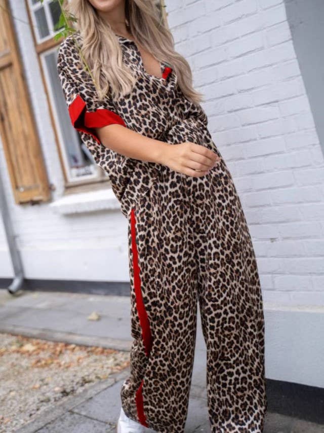Street Wild Leopard Print Contrast Trim Lounge Set