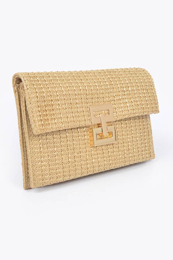 Faux Straw Metal Flap Clutch