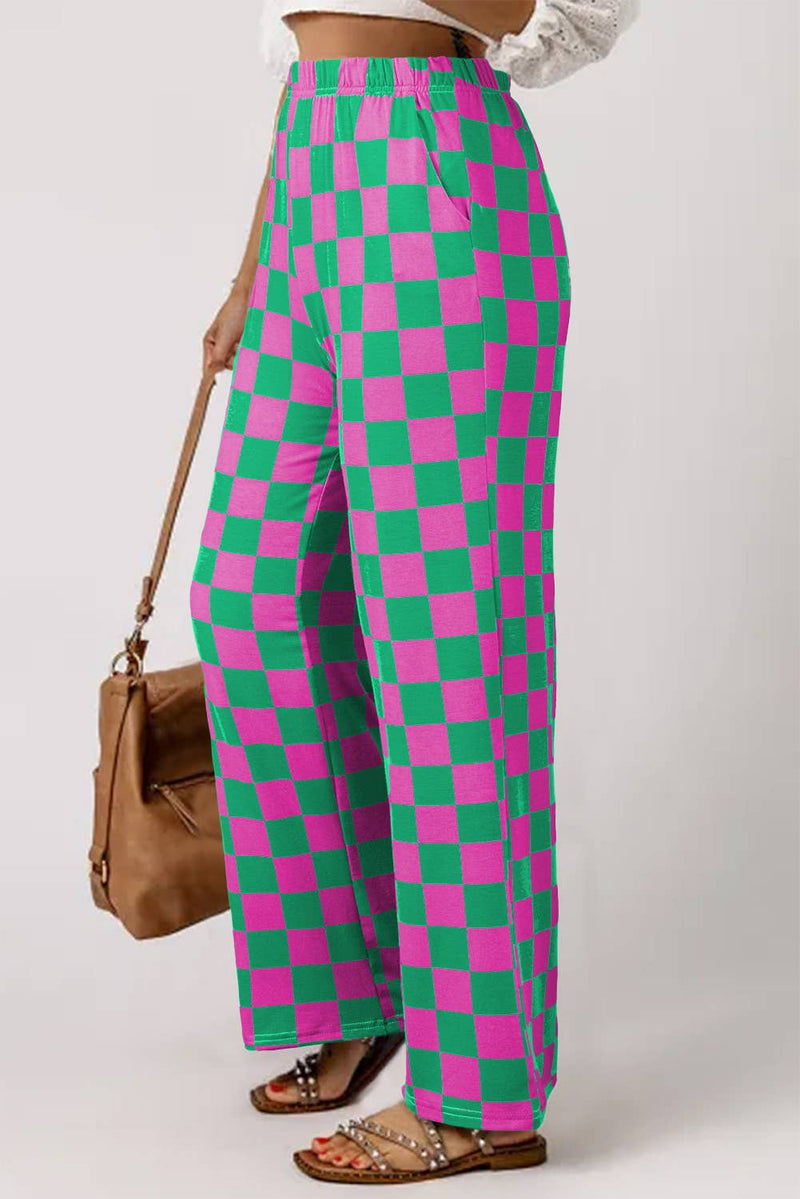 2-Tone Checked Print High Waist Wide Leg Pants