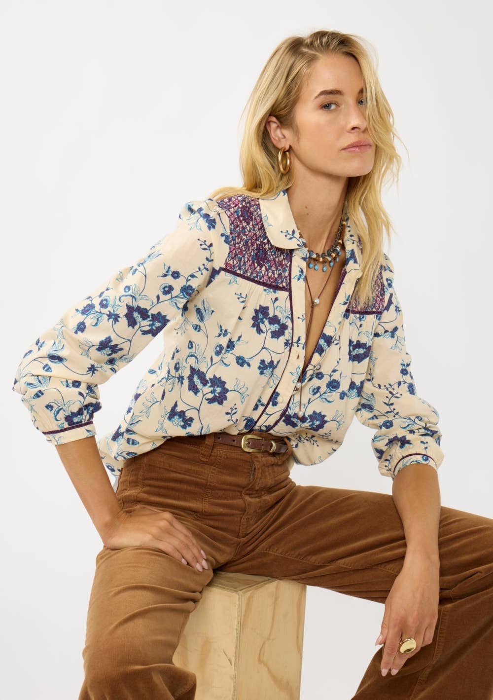 Long Sleeve Floral Blouse with Smocked Yoke