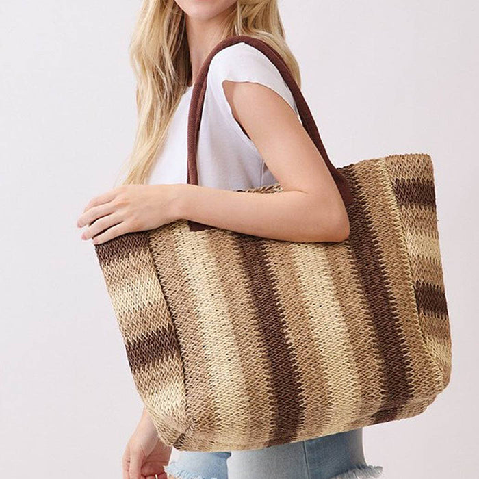 Natural Brown Multi Color Stripe Straw Tote Bag