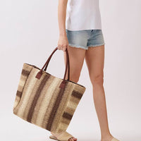Natural Brown Multi Color Stripe Straw Tote Bag