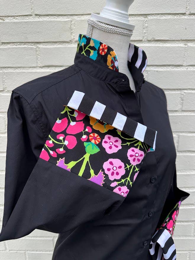 Beth Bell Sleeve 3/4 -Black w Floral and Black Stripe