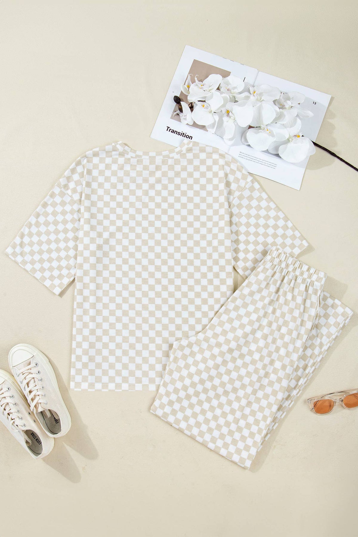 Checkered Print Half Sleeve Tee 2pcs Lounge Pant Set