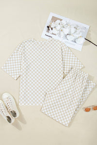 Checkered Print Half Sleeve Tee 2pcs Lounge Pant Set