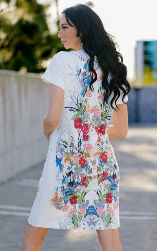 Short Sleeve Suede Dress Floral Print -Spring Bloom