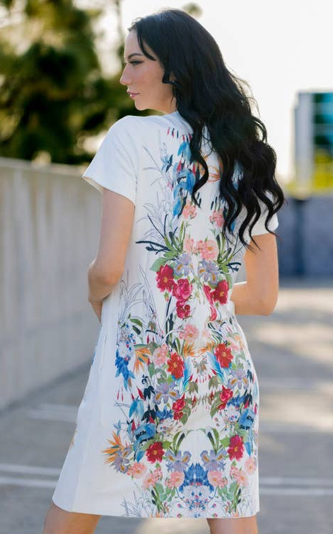 Short Sleeve Suede Dress Floral Print -Spring Bloom