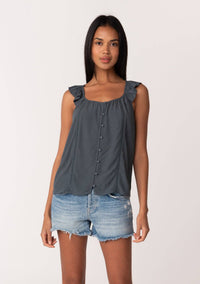 Ruffle Strap Scoop Neck Button Down Tank Top