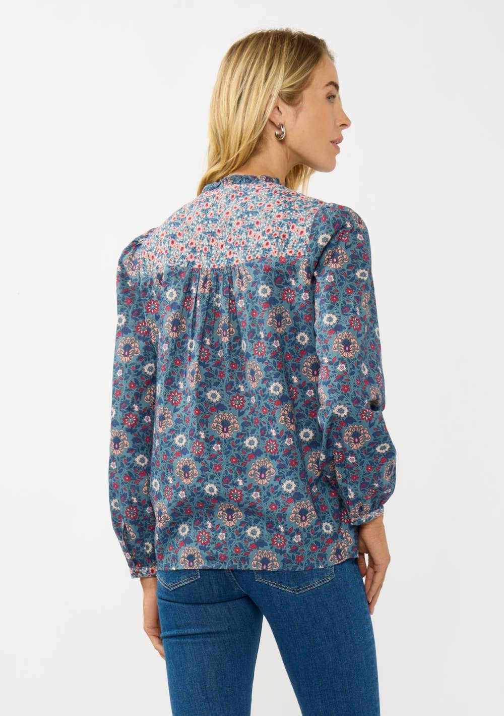 Long Sleeve Floral Blouse with Pleats & Quilted Yoke