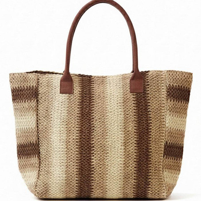 Natural Brown Multi Color Stripe Straw Tote Bag